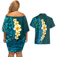 Turquosie Polynesia Couples Matching Off Shoulder Short Dress and Hawaiian Shirt Plumeria Tropical Leaves With Galaxy Polynesian Art - Wonder Print Shop