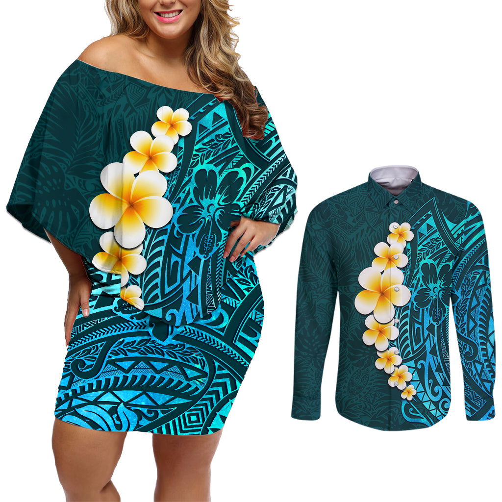 Turquosie Polynesia Couples Matching Off Shoulder Short Dress and Long Sleeve Button Shirt Plumeria Tropical Leaves With Galaxy Polynesian Art - Wonder Print Shop