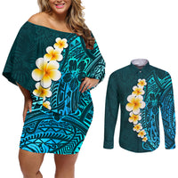 Turquosie Polynesia Couples Matching Off Shoulder Short Dress and Long Sleeve Button Shirt Plumeria Tropical Leaves With Galaxy Polynesian Art - Wonder Print Shop