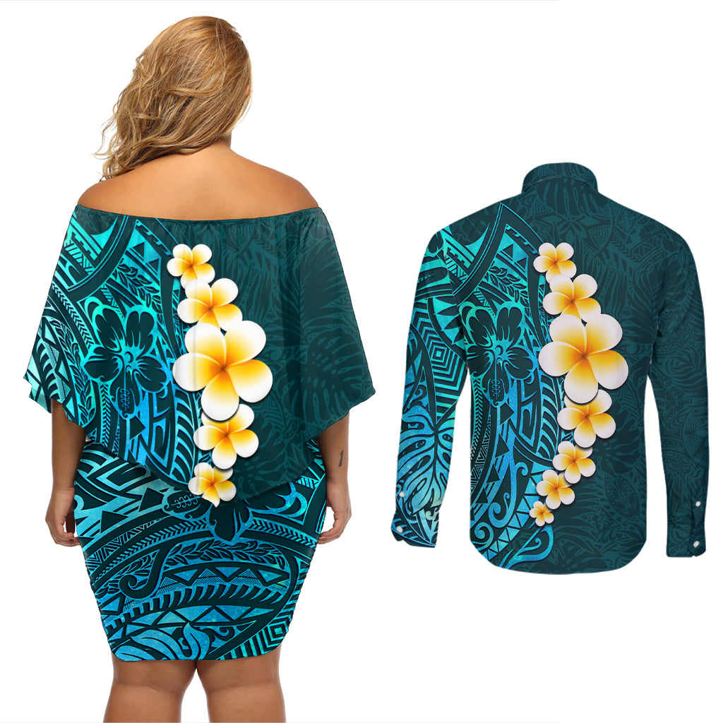 Turquosie Polynesia Couples Matching Off Shoulder Short Dress and Long Sleeve Button Shirt Plumeria Tropical Leaves With Galaxy Polynesian Art - Wonder Print Shop