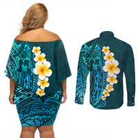 Turquosie Polynesia Couples Matching Off Shoulder Short Dress and Long Sleeve Button Shirt Plumeria Tropical Leaves With Galaxy Polynesian Art - Wonder Print Shop