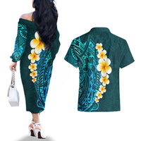 Turquosie Polynesia Couples Matching Off The Shoulder Long Sleeve Dress and Hawaiian Shirt Plumeria Tropical Leaves With Galaxy Polynesian Art - Wonder Print Shop