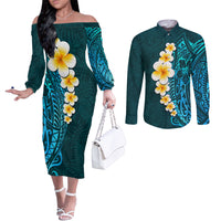 turquosie-polynesia-couples-matching-off-the-shoulder-long-sleeve-dress-and-long-sleeve-button-shirt-plumeria-tropical-leaves-with-galaxy-polynesian-art