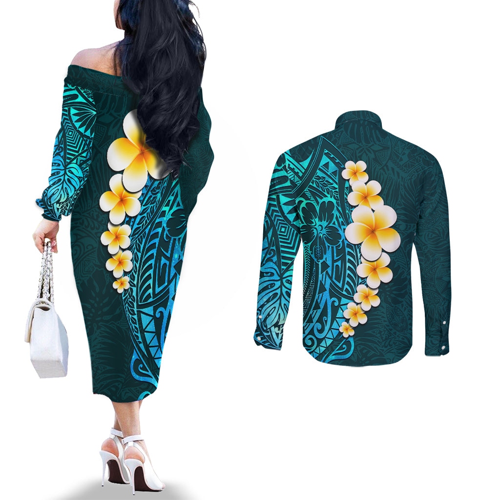 turquosie-polynesia-couples-matching-off-the-shoulder-long-sleeve-dress-and-long-sleeve-button-shirt-plumeria-tropical-leaves-with-galaxy-polynesian-art