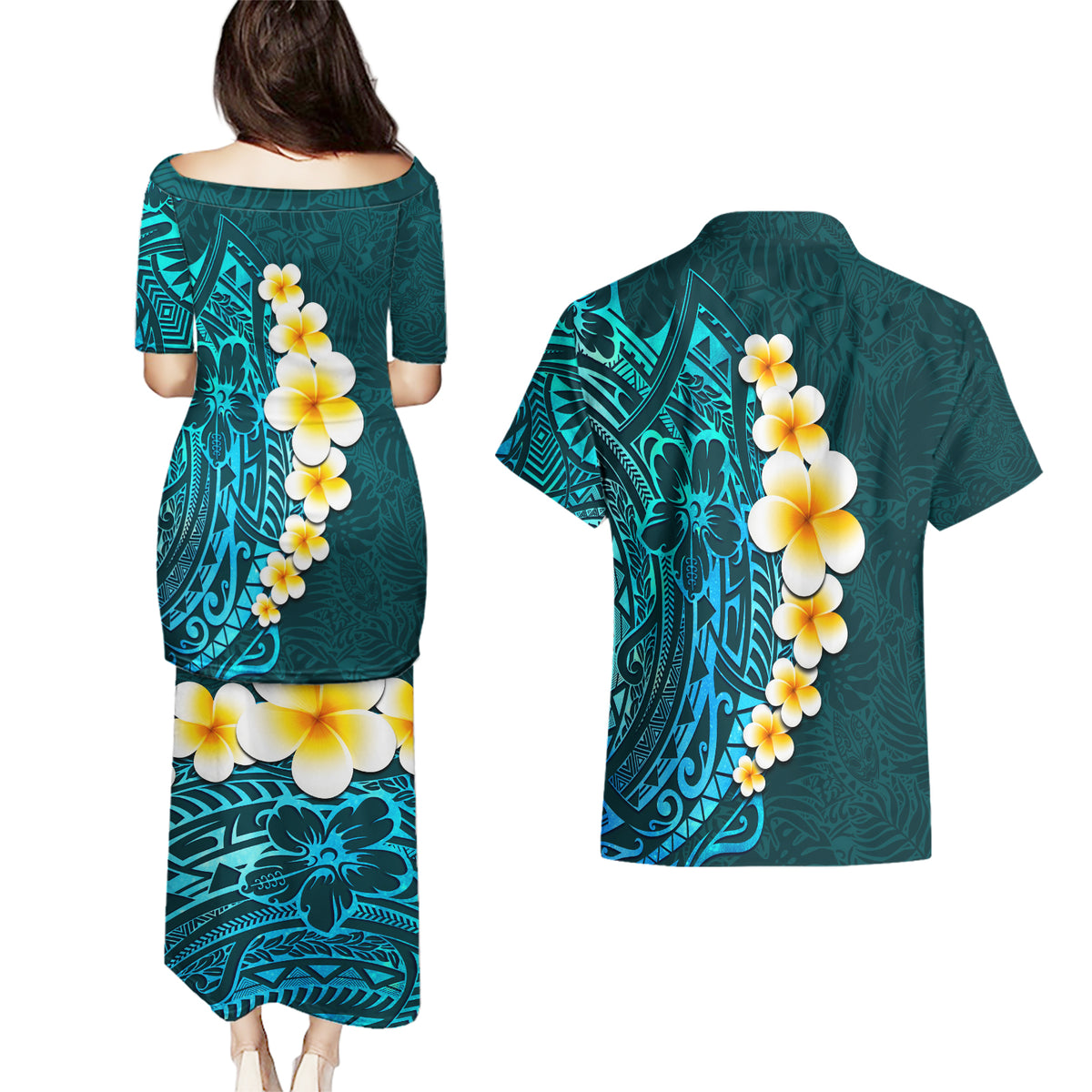 Turquosie Polynesia Couples Matching Puletasi Dress and Hawaiian Shirt Plumeria Tropical Leaves With Galaxy Polynesian Art - Wonder Print Shop