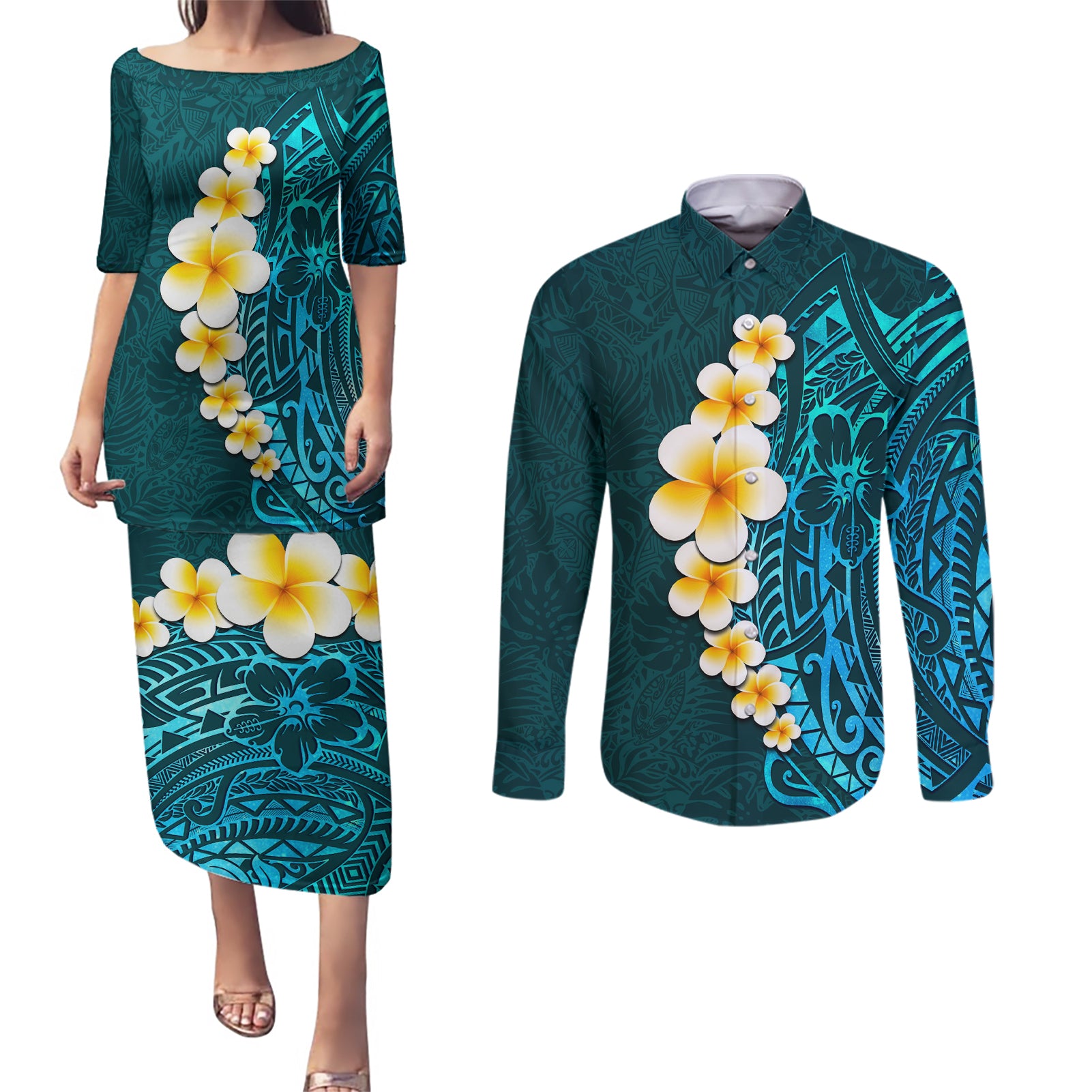 Turquosie Polynesia Couples Matching Puletasi Dress and Long Sleeve Button Shirt Plumeria Tropical Leaves With Galaxy Polynesian Art - Wonder Print Shop