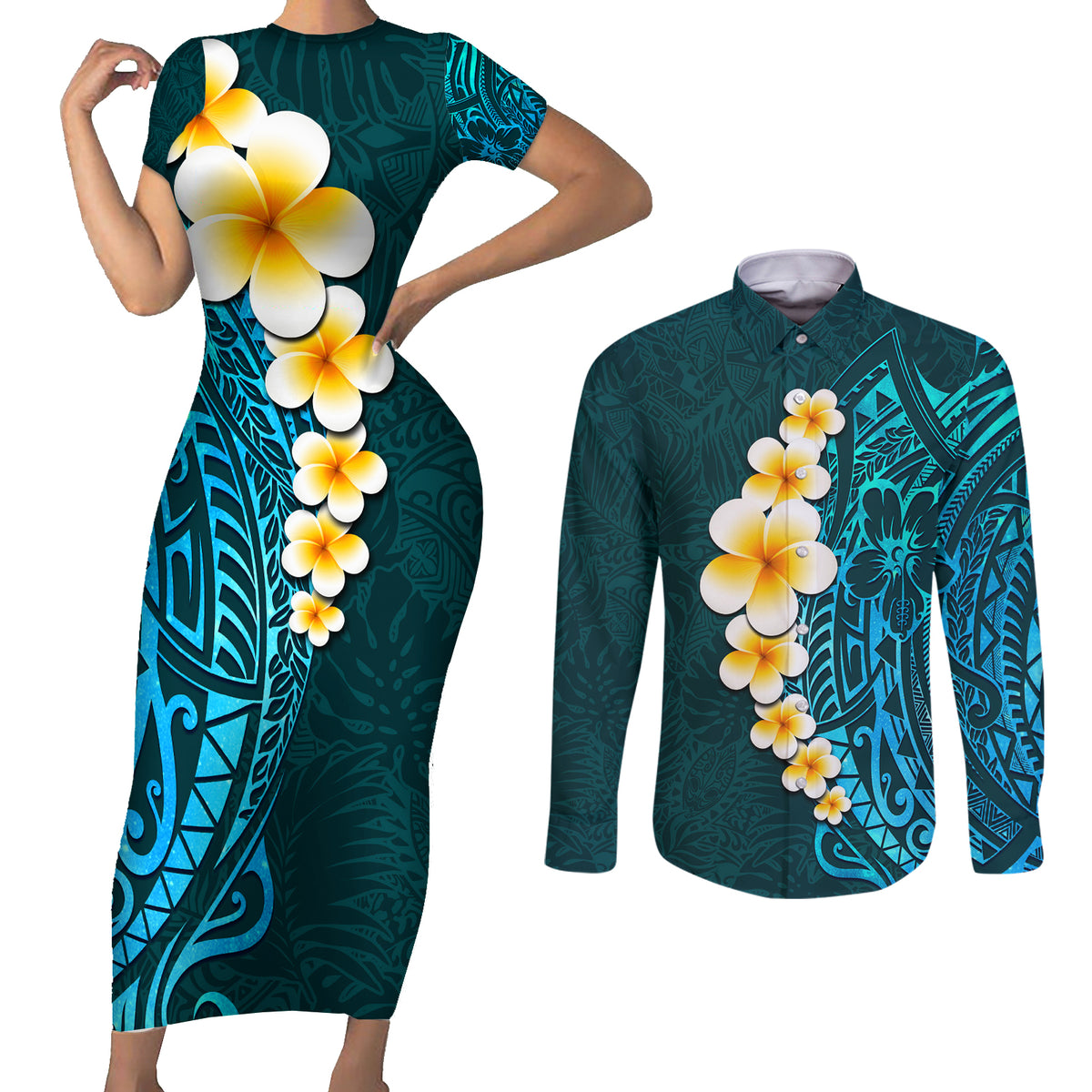 Turquosie Polynesia Couples Matching Short Sleeve Bodycon Dress and Long Sleeve Button Shirt Plumeria Tropical Leaves With Galaxy Polynesian Art - Wonder Print Shop
