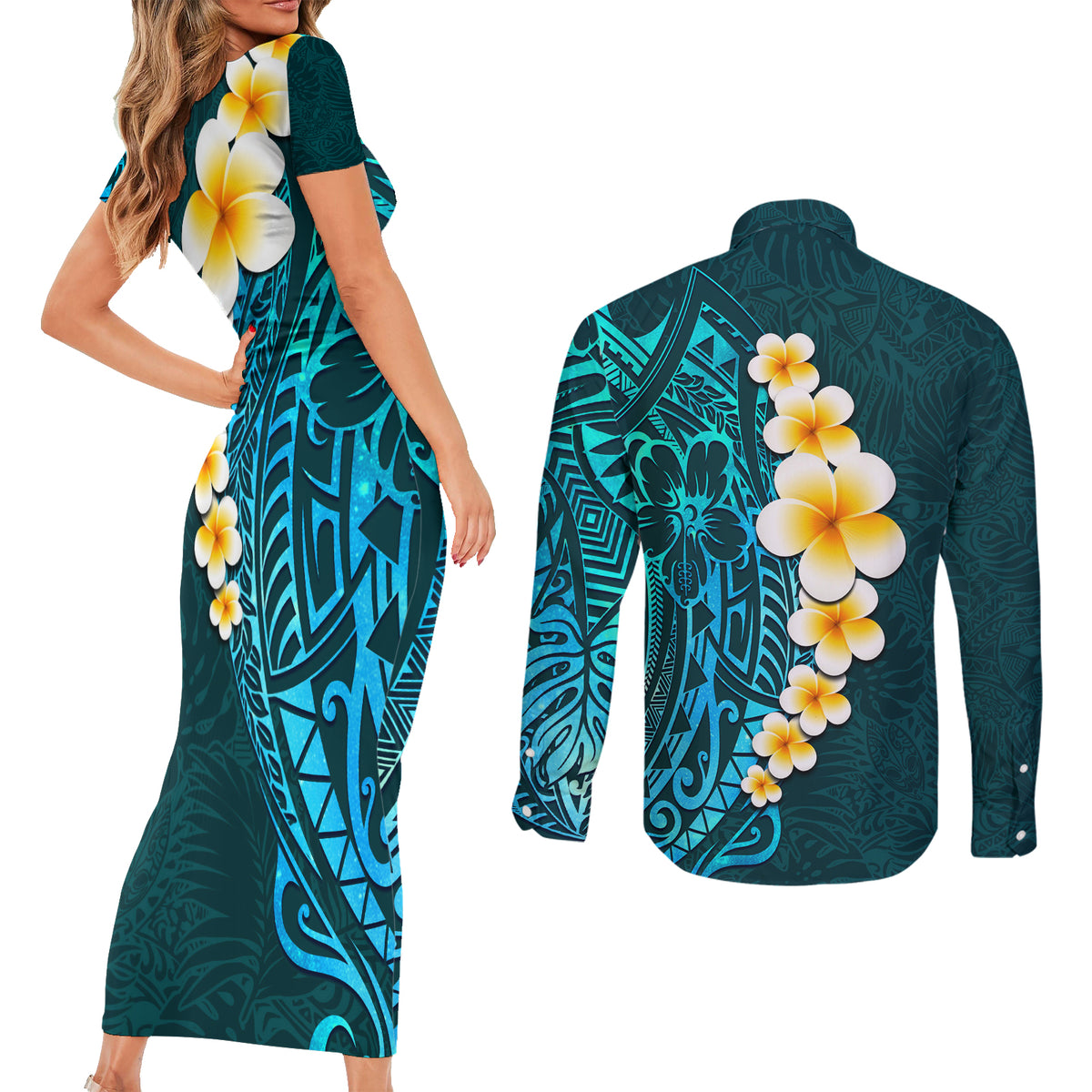 Turquosie Polynesia Couples Matching Short Sleeve Bodycon Dress and Long Sleeve Button Shirt Plumeria Tropical Leaves With Galaxy Polynesian Art - Wonder Print Shop