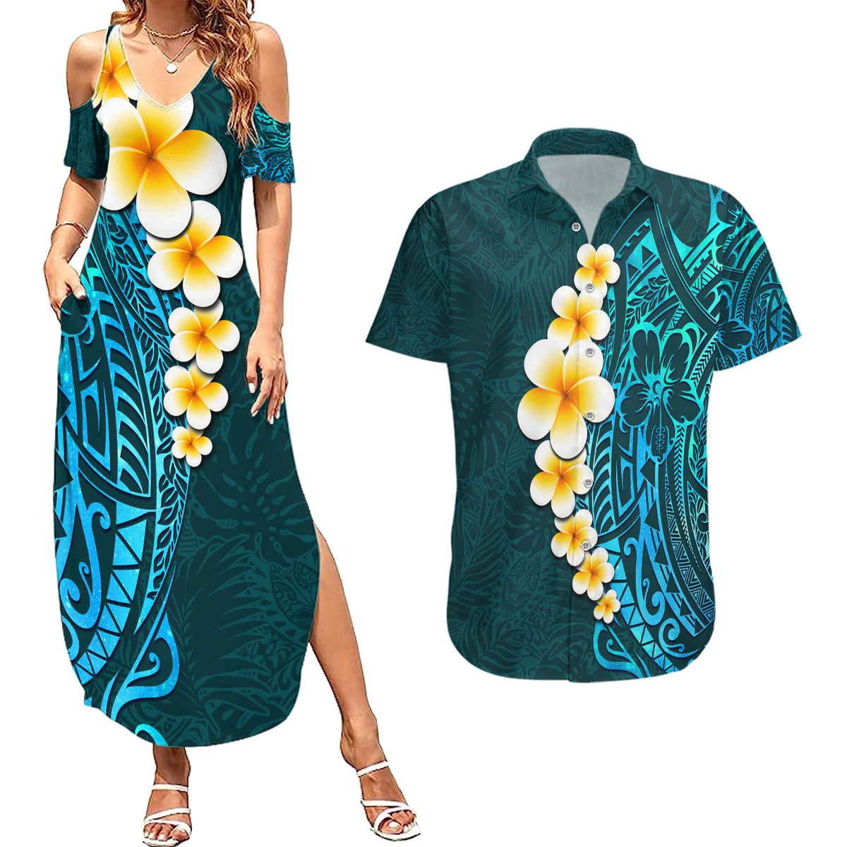 Turquosie Polynesia Couples Matching Summer Maxi Dress and Hawaiian Shirt Plumeria Tropical Leaves With Galaxy Polynesian Art - Wonder Print Shop