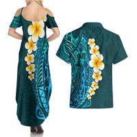 Turquosie Polynesia Couples Matching Summer Maxi Dress and Hawaiian Shirt Plumeria Tropical Leaves With Galaxy Polynesian Art - Wonder Print Shop