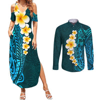 Turquosie Polynesia Couples Matching Summer Maxi Dress and Long Sleeve Button Shirt Plumeria Tropical Leaves With Galaxy Polynesian Art - Wonder Print Shop