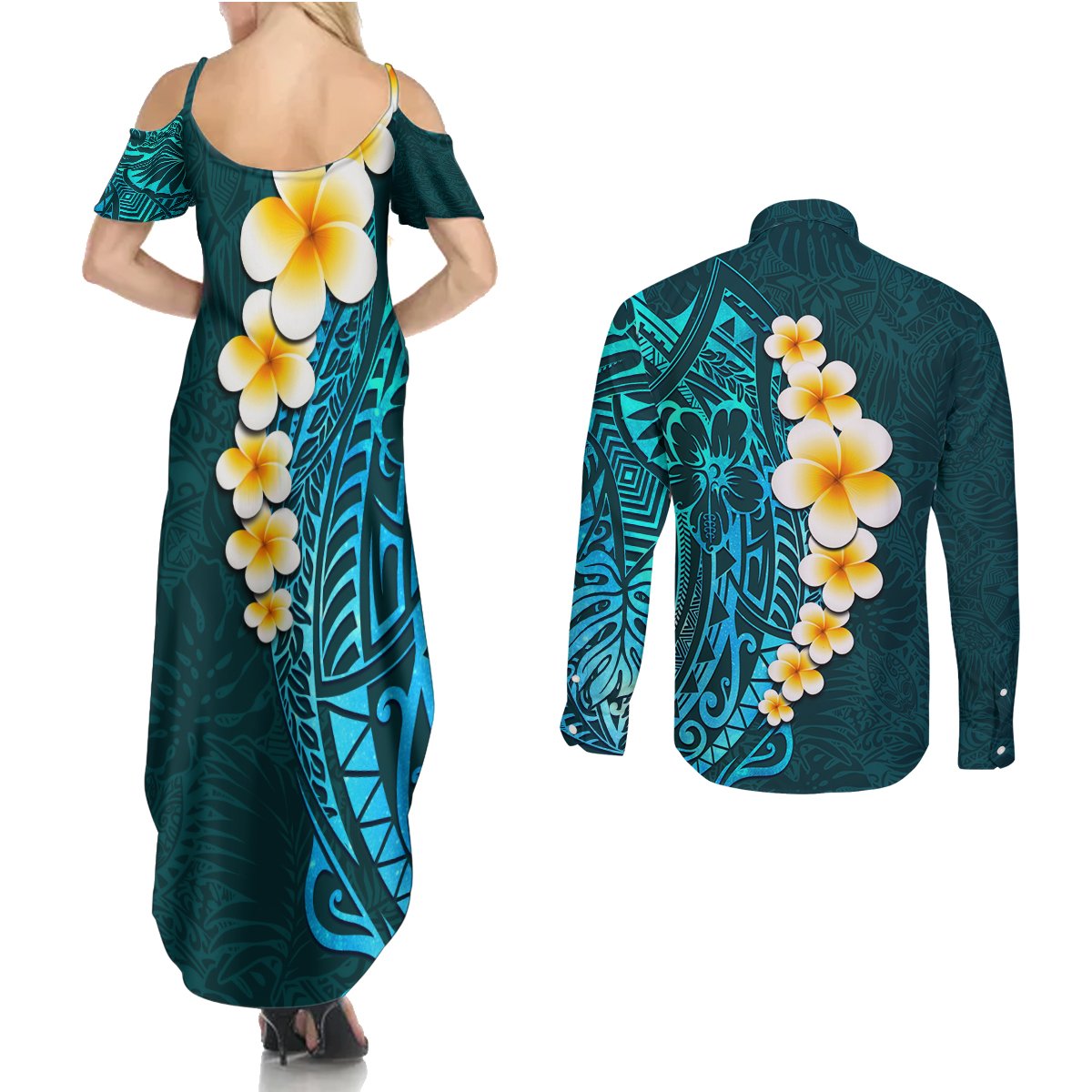 Turquosie Polynesia Couples Matching Summer Maxi Dress and Long Sleeve Button Shirt Plumeria Tropical Leaves With Galaxy Polynesian Art - Wonder Print Shop
