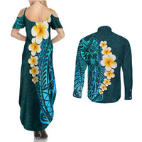 Turquosie Polynesia Couples Matching Summer Maxi Dress and Long Sleeve Button Shirt Plumeria Tropical Leaves With Galaxy Polynesian Art - Wonder Print Shop