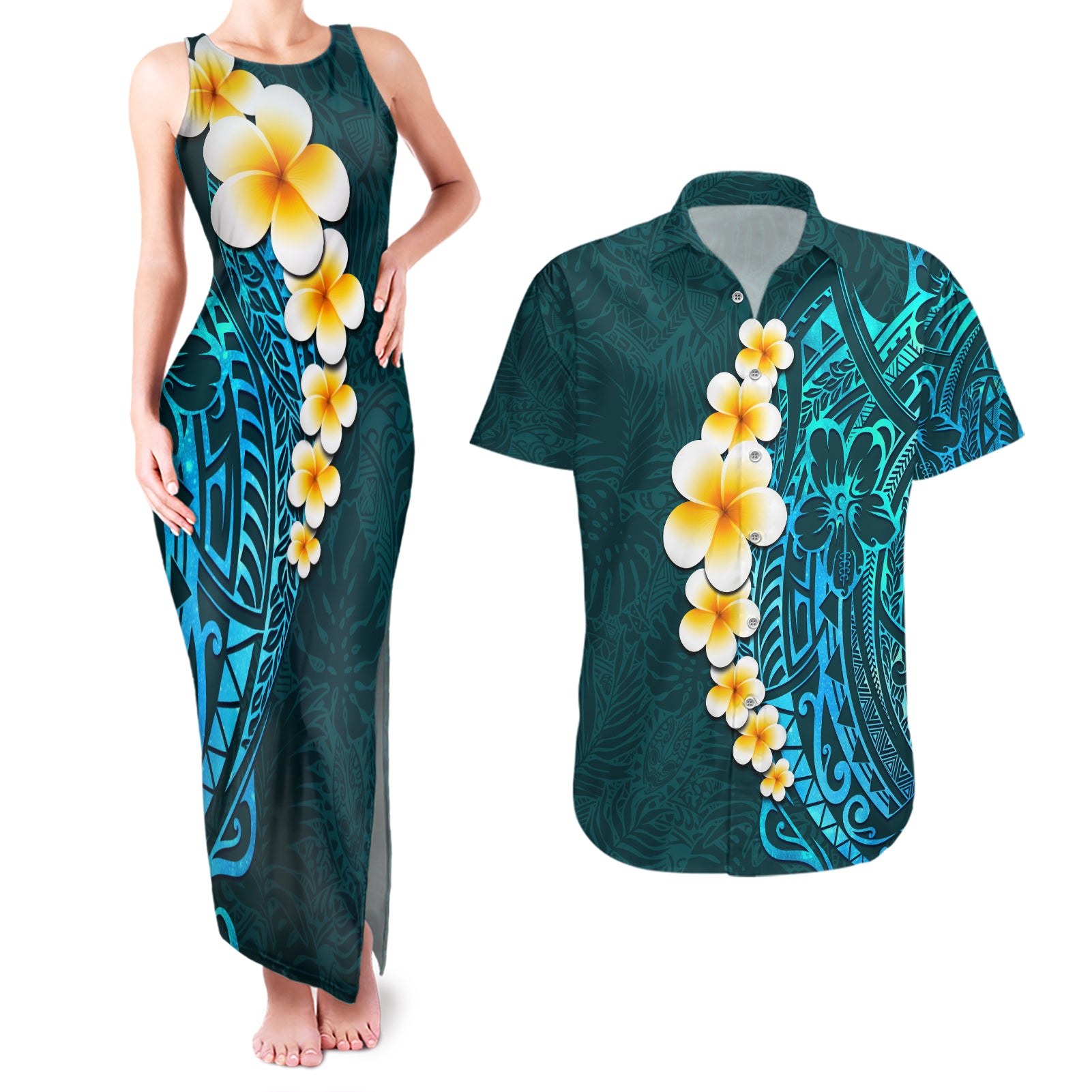 Turquosie Polynesia Couples Matching Tank Maxi Dress and Hawaiian Shirt Plumeria Tropical Leaves With Galaxy Polynesian Art - Wonder Print Shop