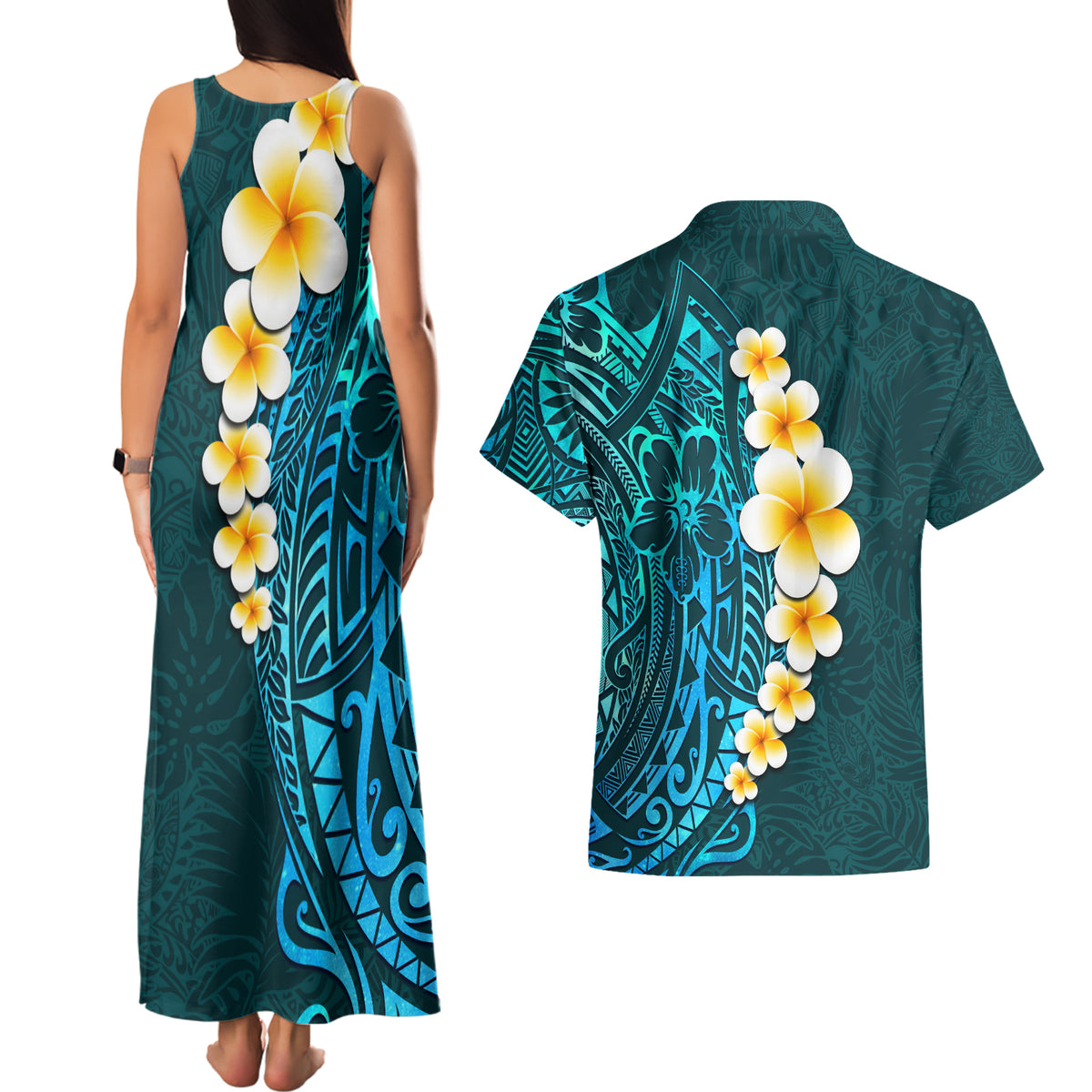 Turquosie Polynesia Couples Matching Tank Maxi Dress and Hawaiian Shirt Plumeria Tropical Leaves With Galaxy Polynesian Art - Wonder Print Shop