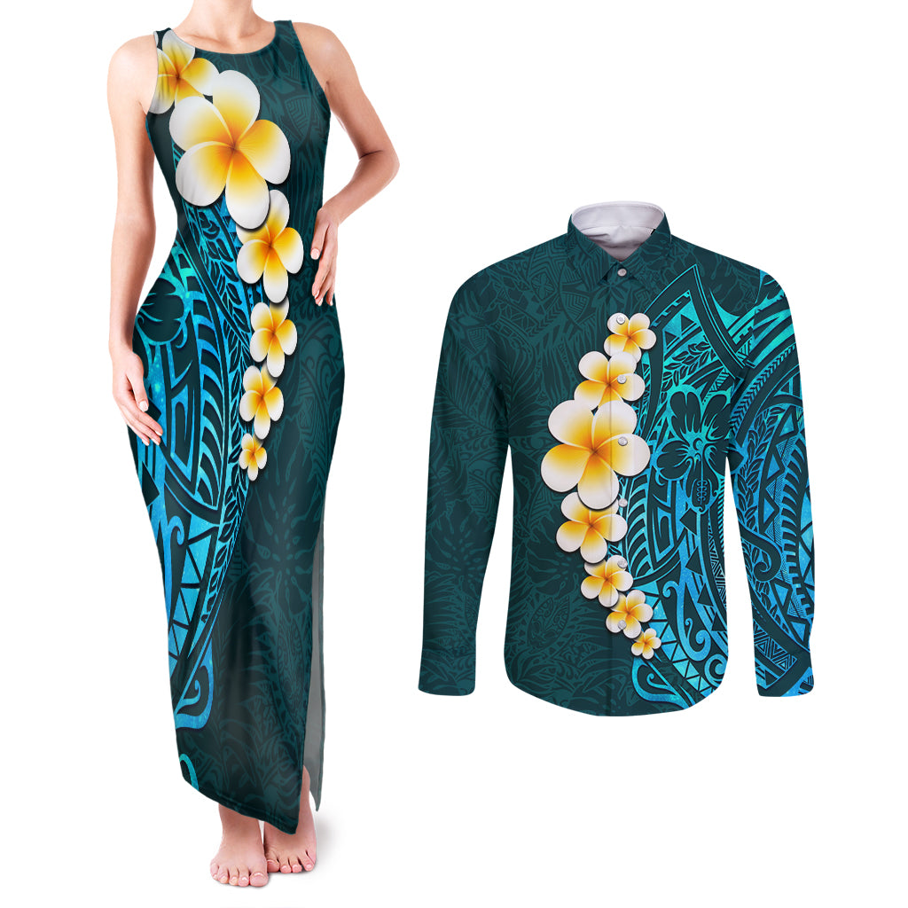 Turquosie Polynesia Couples Matching Tank Maxi Dress and Long Sleeve Button Shirt Plumeria Tropical Leaves With Galaxy Polynesian Art - Wonder Print Shop