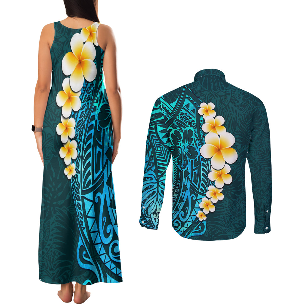 Turquosie Polynesia Couples Matching Tank Maxi Dress and Long Sleeve Button Shirt Plumeria Tropical Leaves With Galaxy Polynesian Art - Wonder Print Shop