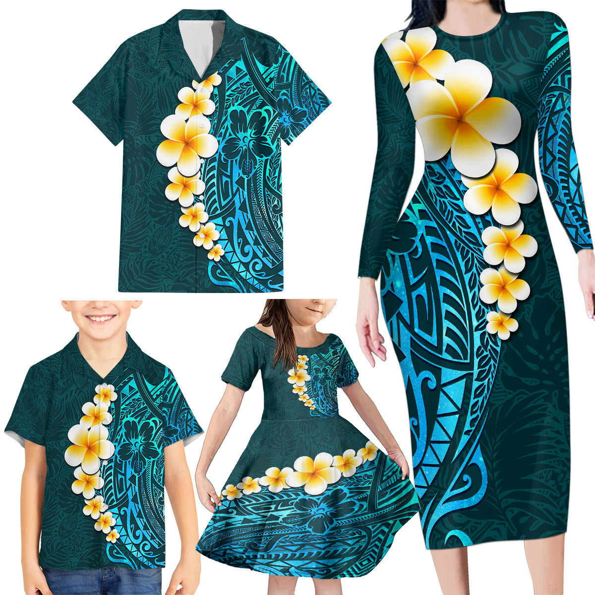 Turquosie Polynesia Family Matching Long Sleeve Bodycon Dress and Hawaiian Shirt Plumeria Tropical Leaves With Galaxy Polynesian Art - Wonder Print Shop