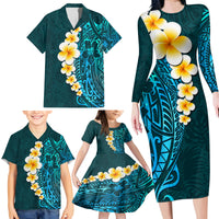 Turquosie Polynesia Family Matching Long Sleeve Bodycon Dress and Hawaiian Shirt Plumeria Tropical Leaves With Galaxy Polynesian Art - Wonder Print Shop