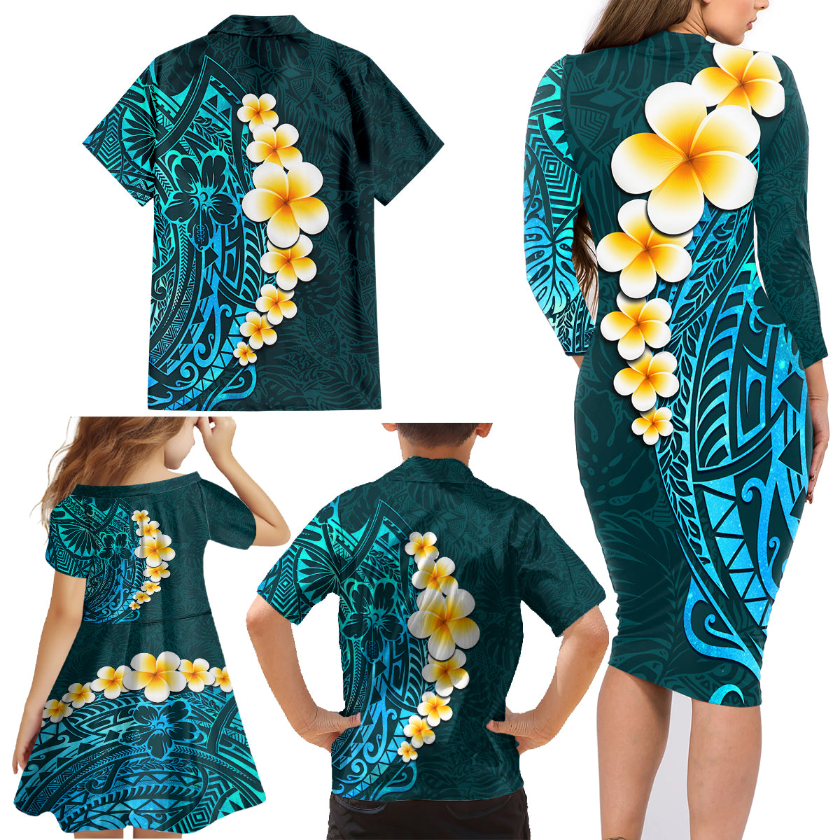 Turquosie Polynesia Family Matching Long Sleeve Bodycon Dress and Hawaiian Shirt Plumeria Tropical Leaves With Galaxy Polynesian Art - Wonder Print Shop
