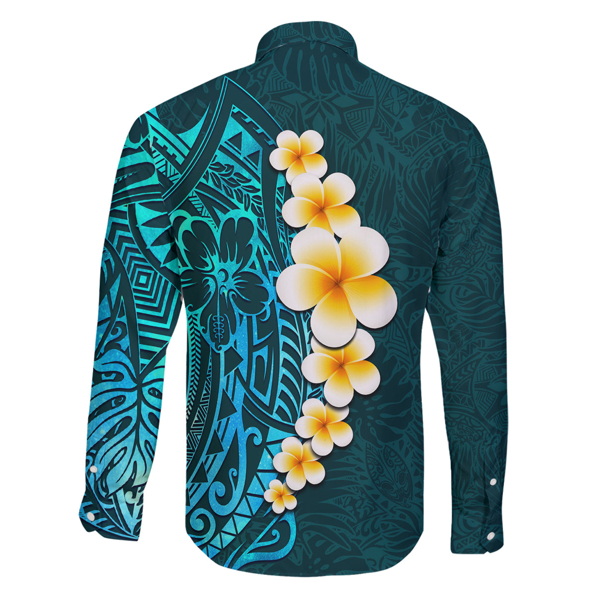 Turquosie Polynesia Family Matching Long Sleeve Bodycon Dress and Hawaiian Shirt Plumeria Tropical Leaves With Galaxy Polynesian Art - Wonder Print Shop