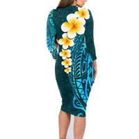 Turquosie Polynesia Family Matching Long Sleeve Bodycon Dress and Hawaiian Shirt Plumeria Tropical Leaves With Galaxy Polynesian Art - Wonder Print Shop