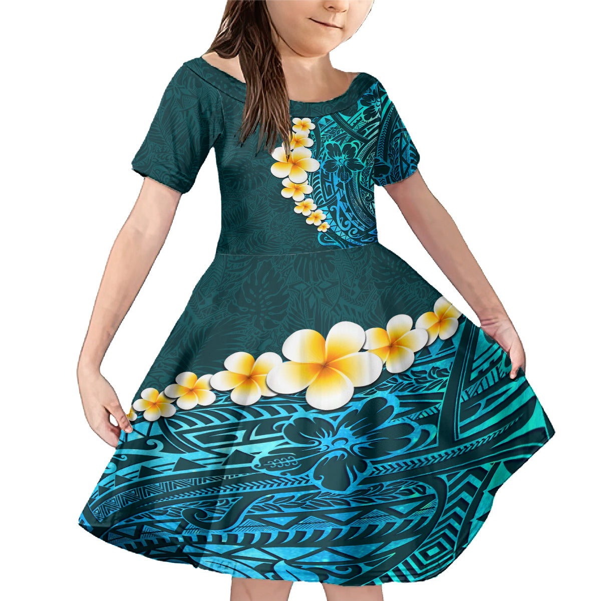 Turquosie Polynesia Family Matching Mermaid Dress and Hawaiian Shirt Plumeria Tropical Leaves With Galaxy Polynesian Art - Wonder Print Shop
