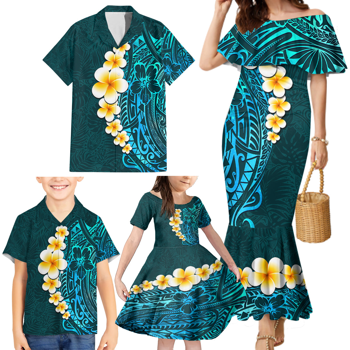 Turquosie Polynesia Family Matching Mermaid Dress and Hawaiian Shirt Plumeria Tropical Leaves With Galaxy Polynesian Art - Wonder Print Shop