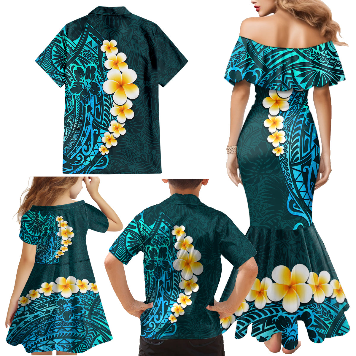 Turquosie Polynesia Family Matching Mermaid Dress and Hawaiian Shirt Plumeria Tropical Leaves With Galaxy Polynesian Art - Wonder Print Shop