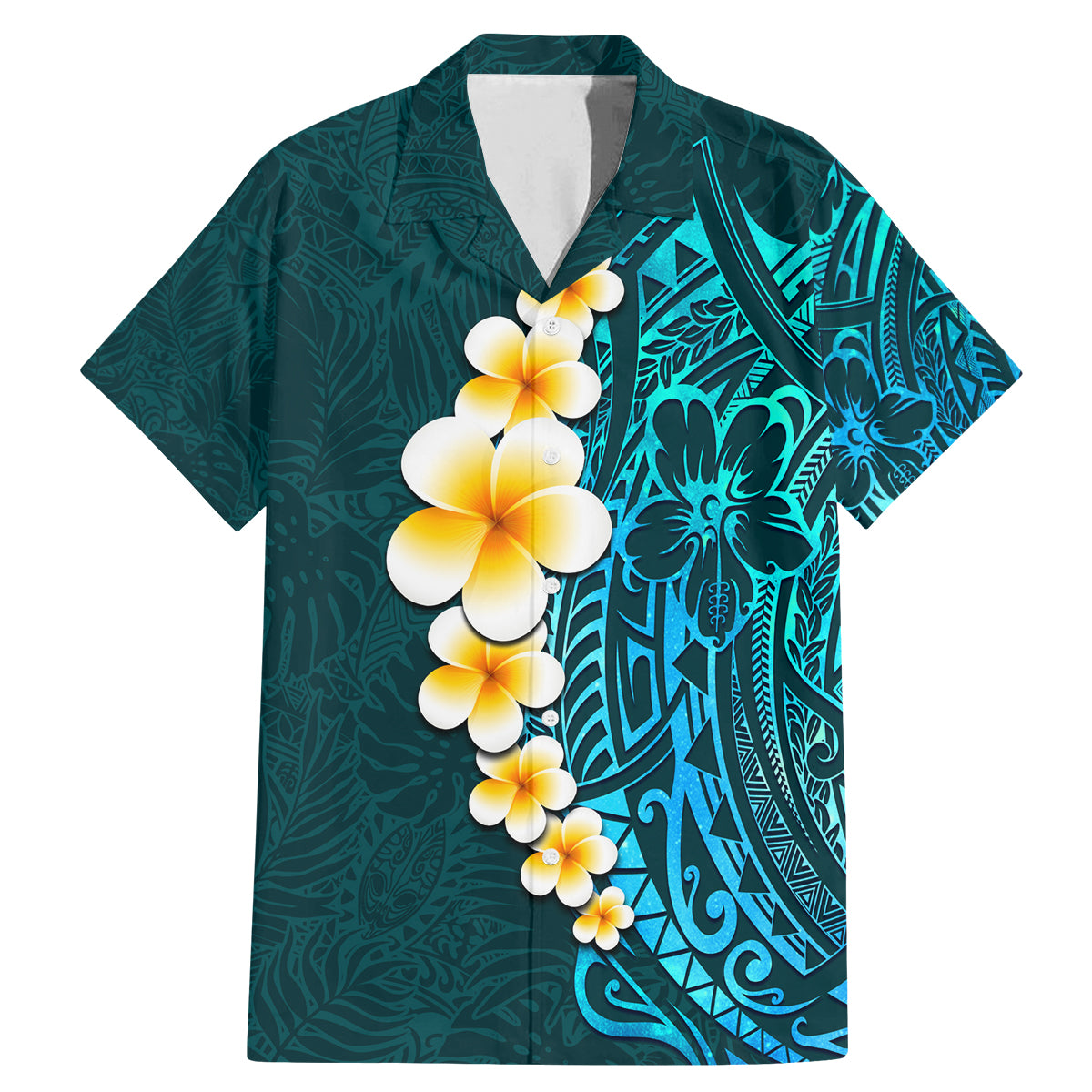 Turquosie Polynesia Family Matching Mermaid Dress and Hawaiian Shirt Plumeria Tropical Leaves With Galaxy Polynesian Art - Wonder Print Shop