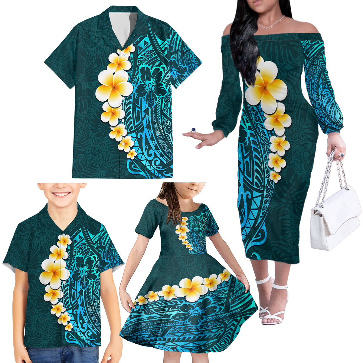 Turquosie Polynesia Family Matching Off Shoulder Long Sleeve Dress and Hawaiian Shirt Plumeria Tropical Leaves With Galaxy Polynesian Art - Wonder Print Shop