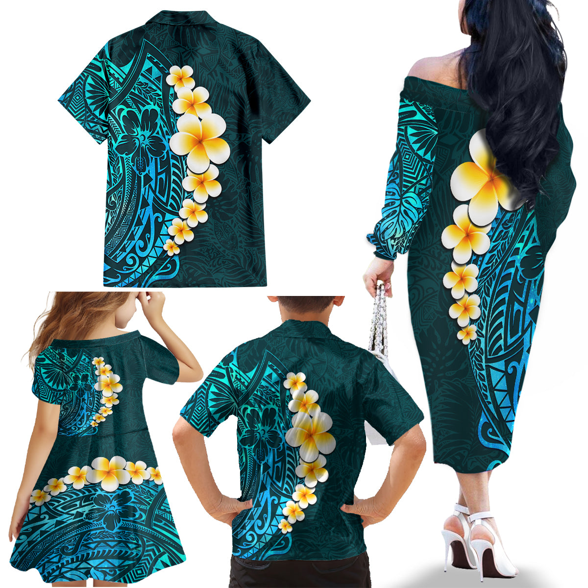 Turquosie Polynesia Family Matching Off Shoulder Long Sleeve Dress and Hawaiian Shirt Plumeria Tropical Leaves With Galaxy Polynesian Art - Wonder Print Shop