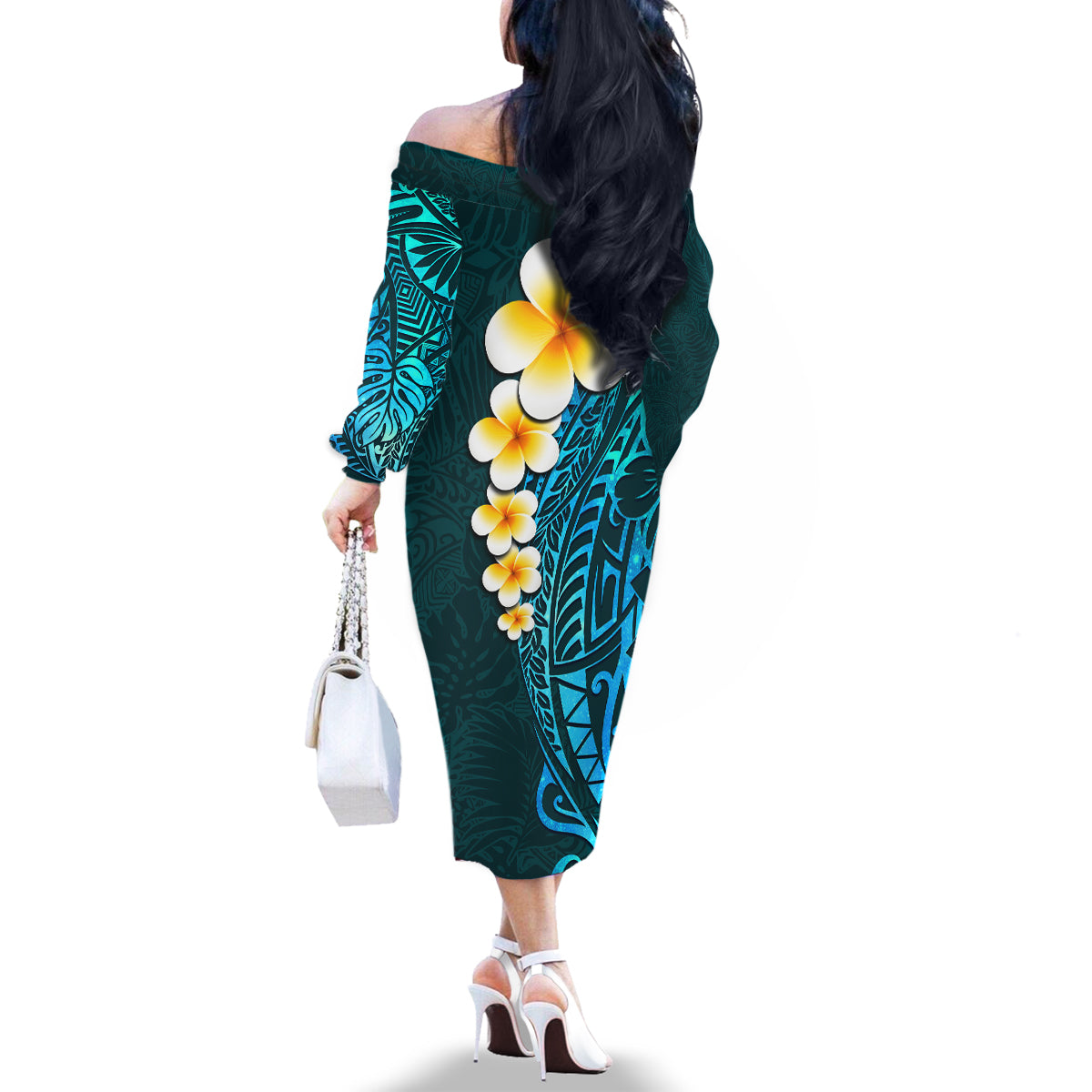 Turquosie Polynesia Family Matching Off Shoulder Long Sleeve Dress and Hawaiian Shirt Plumeria Tropical Leaves With Galaxy Polynesian Art - Wonder Print Shop