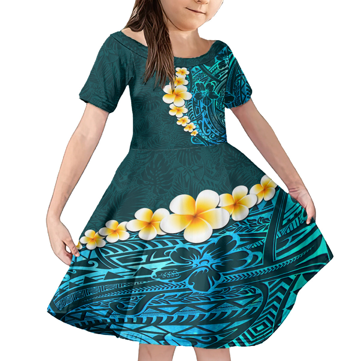 Turquosie Polynesia Family Matching Off Shoulder Maxi Dress and Hawaiian Shirt Plumeria Tropical Leaves With Galaxy Polynesian Art - Wonder Print Shop