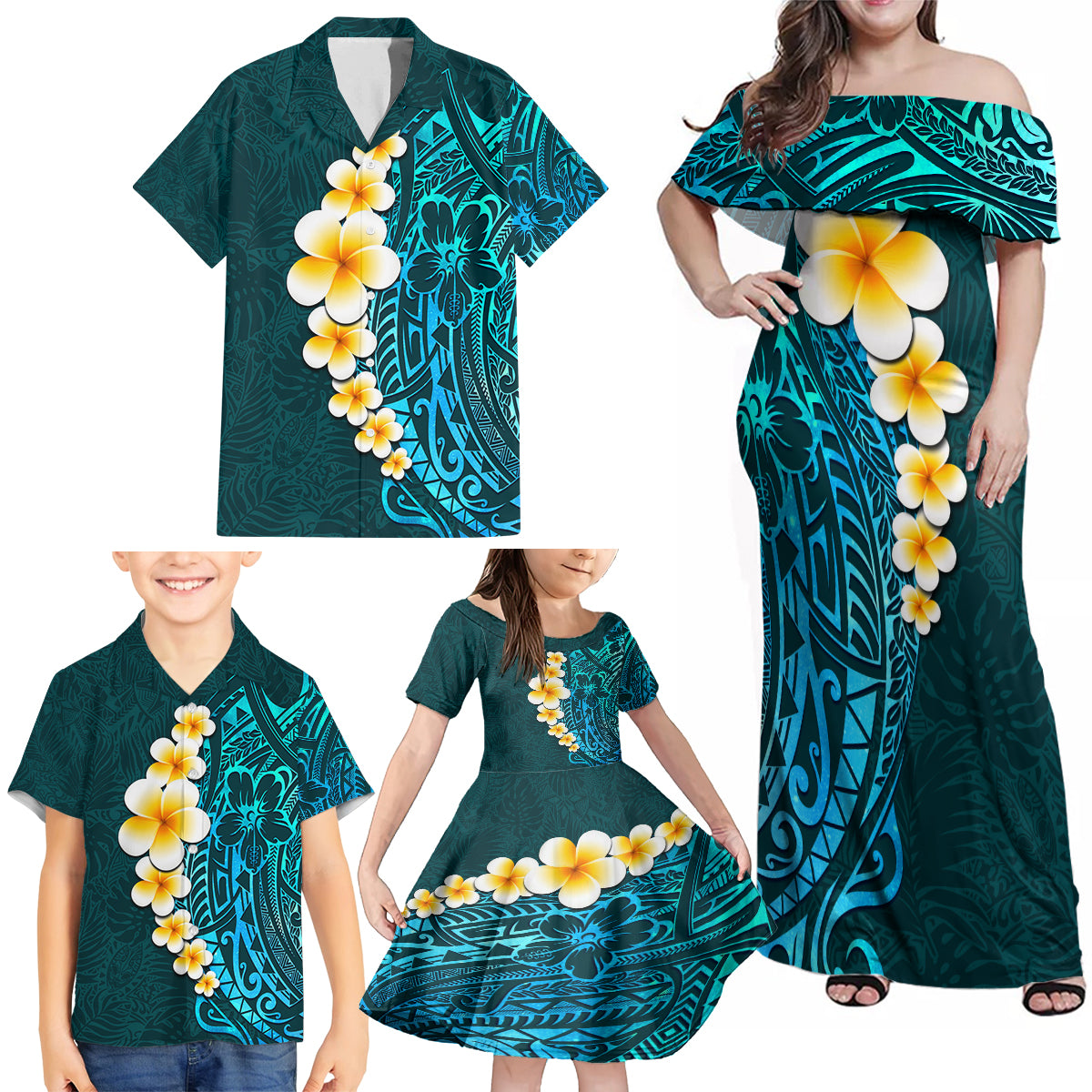 Turquosie Polynesia Family Matching Off Shoulder Maxi Dress and Hawaiian Shirt Plumeria Tropical Leaves With Galaxy Polynesian Art - Wonder Print Shop