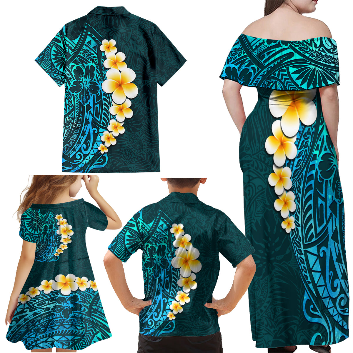 Turquosie Polynesia Family Matching Off Shoulder Maxi Dress and Hawaiian Shirt Plumeria Tropical Leaves With Galaxy Polynesian Art - Wonder Print Shop