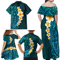 Turquosie Polynesia Family Matching Off Shoulder Maxi Dress and Hawaiian Shirt Plumeria Tropical Leaves With Galaxy Polynesian Art - Wonder Print Shop