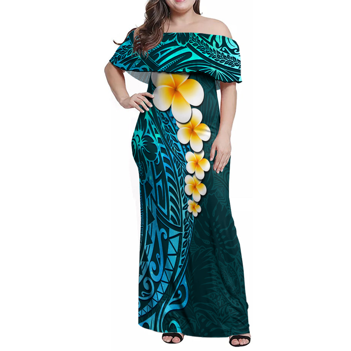 Turquosie Polynesia Family Matching Off Shoulder Maxi Dress and Hawaiian Shirt Plumeria Tropical Leaves With Galaxy Polynesian Art - Wonder Print Shop