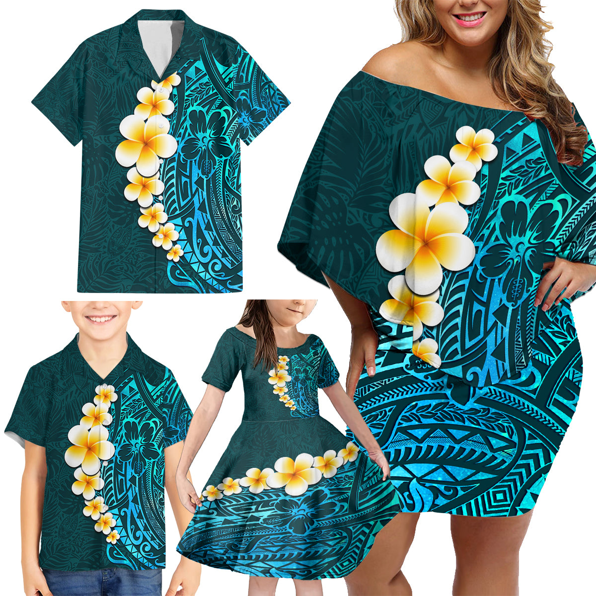Turquosie Polynesia Family Matching Off Shoulder Short Dress and Hawaiian Shirt Plumeria Tropical Leaves With Galaxy Polynesian Art - Wonder Print Shop