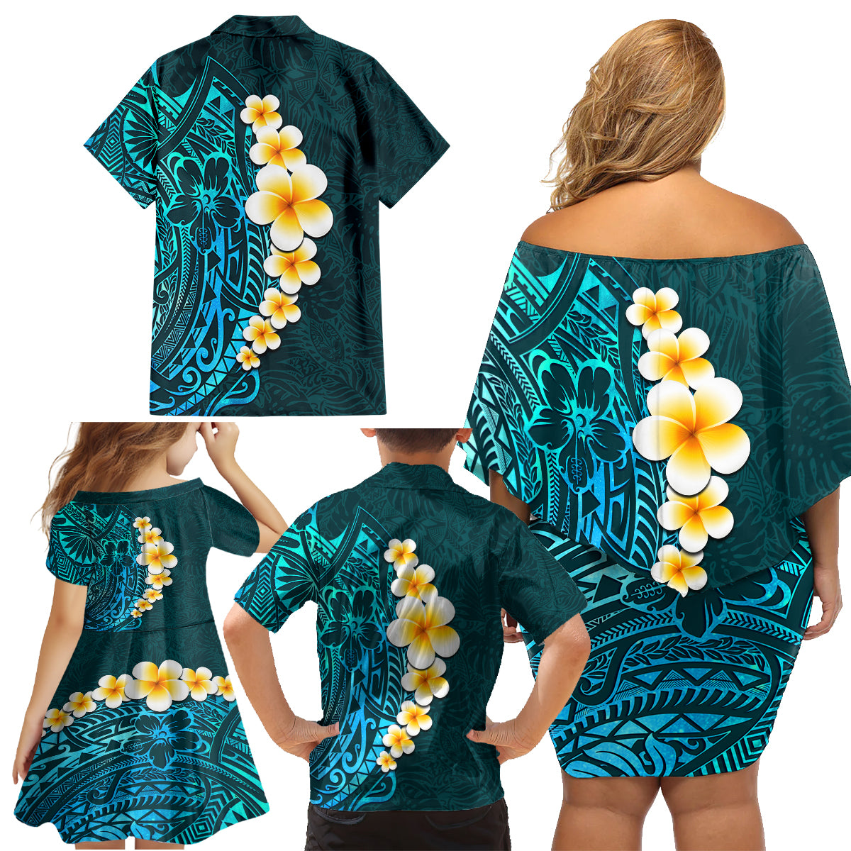 Turquosie Polynesia Family Matching Off Shoulder Short Dress and Hawaiian Shirt Plumeria Tropical Leaves With Galaxy Polynesian Art - Wonder Print Shop