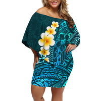 Turquosie Polynesia Family Matching Off Shoulder Short Dress and Hawaiian Shirt Plumeria Tropical Leaves With Galaxy Polynesian Art - Wonder Print Shop