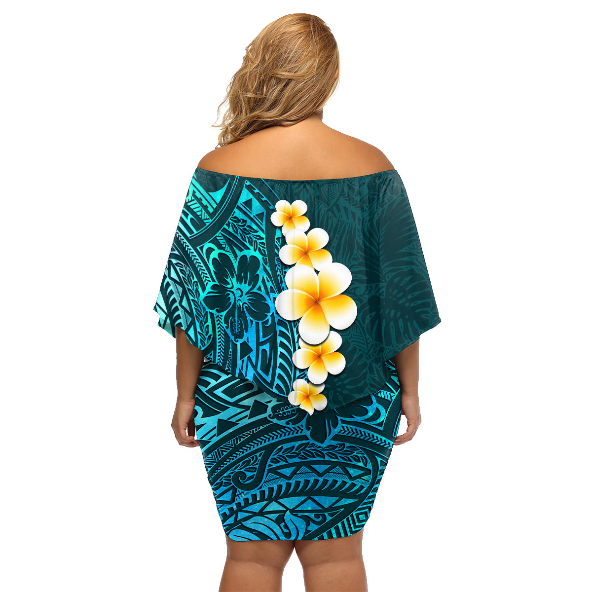 Turquosie Polynesia Family Matching Off Shoulder Short Dress and Hawaiian Shirt Plumeria Tropical Leaves With Galaxy Polynesian Art - Wonder Print Shop