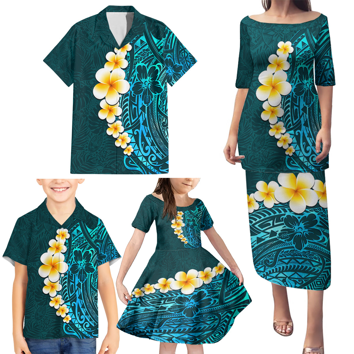 Turquosie Polynesia Family Matching Puletasi Dress and Hawaiian Shirt Plumeria Tropical Leaves With Galaxy Polynesian Art - Wonder Print Shop