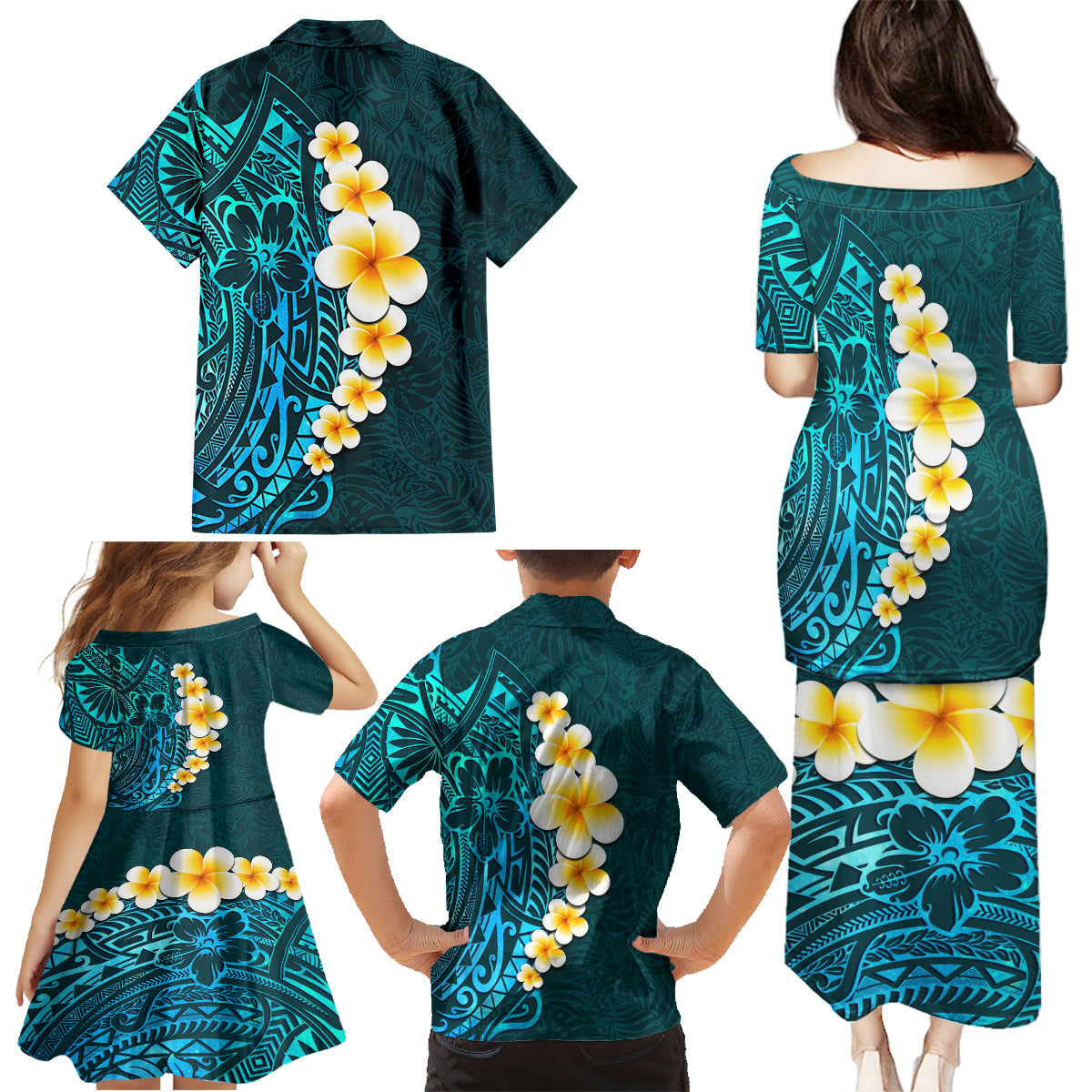 Turquosie Polynesia Family Matching Puletasi Dress and Hawaiian Shirt Plumeria Tropical Leaves With Galaxy Polynesian Art - Wonder Print Shop
