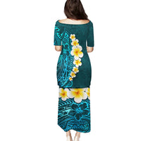 Turquosie Polynesia Family Matching Puletasi Dress and Hawaiian Shirt Plumeria Tropical Leaves With Galaxy Polynesian Art - Wonder Print Shop
