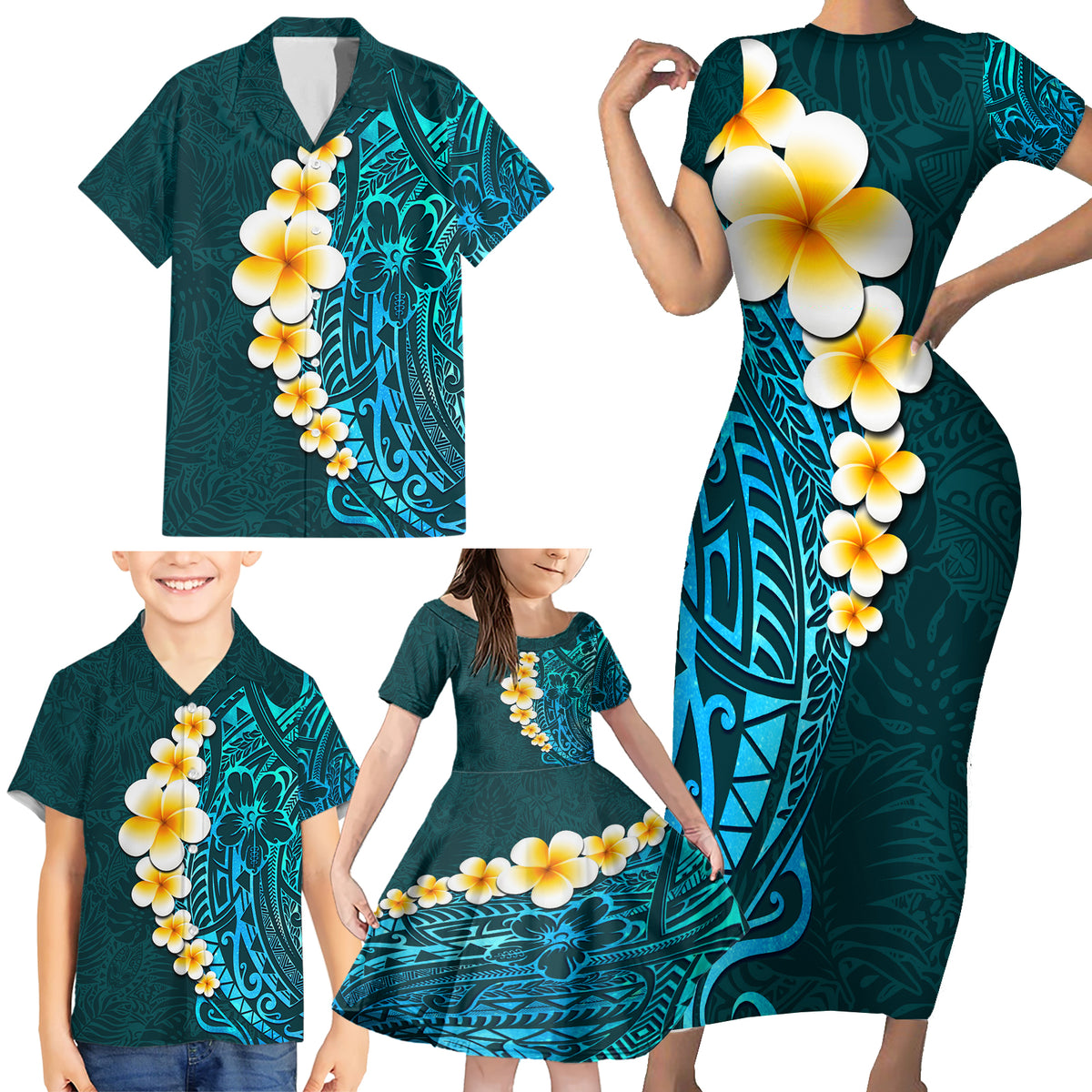 Turquosie Polynesia Family Matching Short Sleeve Bodycon Dress and Hawaiian Shirt Plumeria Tropical Leaves With Galaxy Polynesian Art - Wonder Print Shop