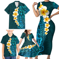 Turquosie Polynesia Family Matching Short Sleeve Bodycon Dress and Hawaiian Shirt Plumeria Tropical Leaves With Galaxy Polynesian Art - Wonder Print Shop