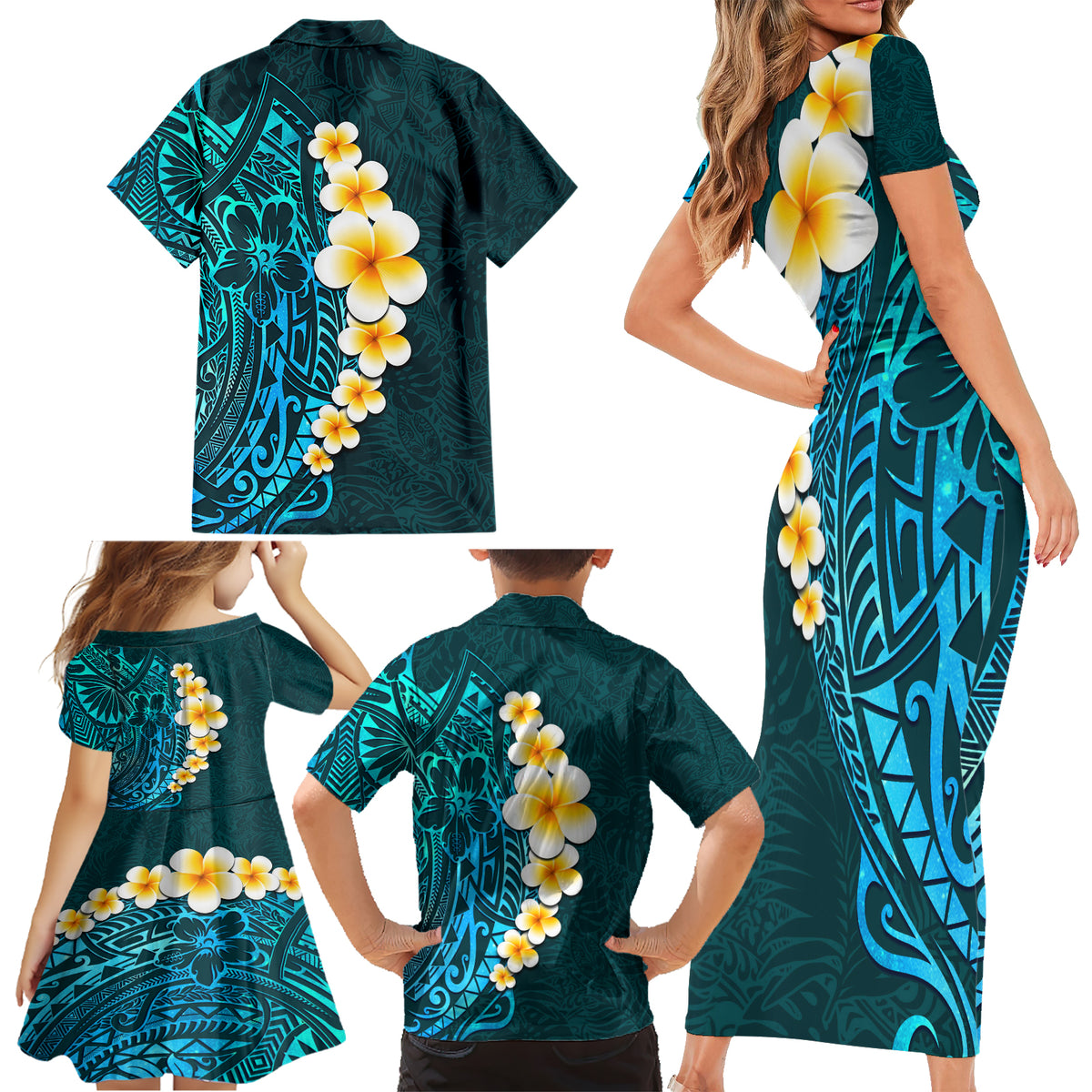 Turquosie Polynesia Family Matching Short Sleeve Bodycon Dress and Hawaiian Shirt Plumeria Tropical Leaves With Galaxy Polynesian Art - Wonder Print Shop