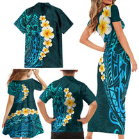 Turquosie Polynesia Family Matching Short Sleeve Bodycon Dress and Hawaiian Shirt Plumeria Tropical Leaves With Galaxy Polynesian Art - Wonder Print Shop