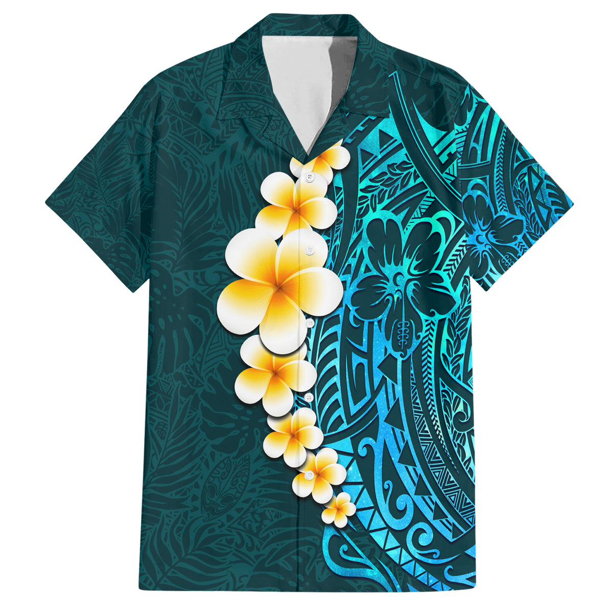 Turquosie Polynesia Family Matching Short Sleeve Bodycon Dress and Hawaiian Shirt Plumeria Tropical Leaves With Galaxy Polynesian Art - Wonder Print Shop